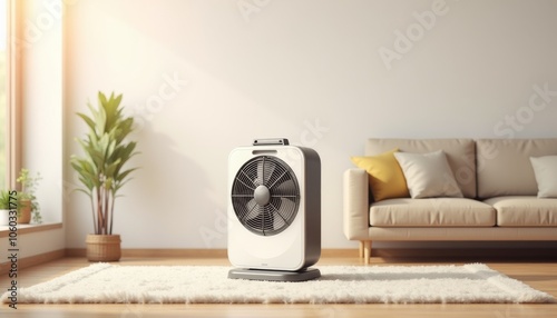 Modern electric fan heater in bright room with cozy furniture and copy space