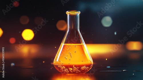 3D rendering of a chemical flask with active, bubbling contents.