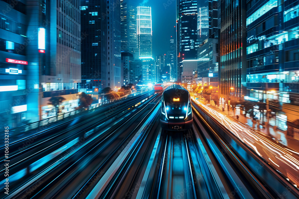 Modern high-speed train in fast motion passes through railway stations