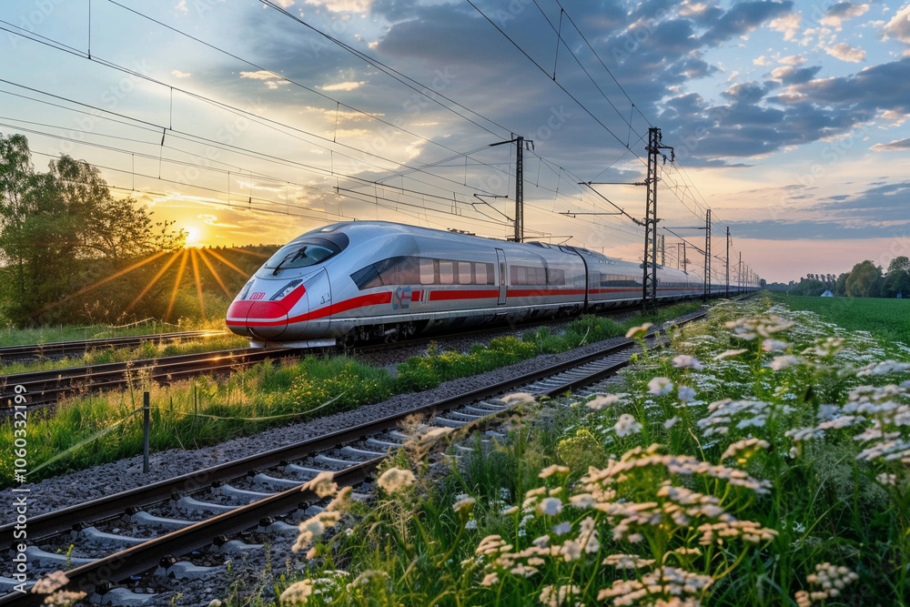 Fototapeta premium Modern high-speed train in fast motion passes through railway stations