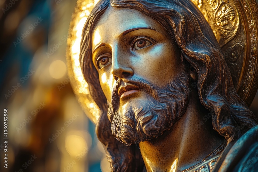Majestic golden statue of jesus christ gazing serenely in church Majestic golden statue of jesus christ gazing serenely in church