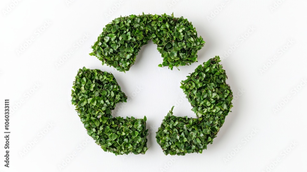 Green recycling symbol made of lush foliage on white isolate background. Green recycling symbol made of lush foliage on white isolate background.