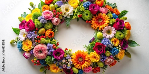 Beautiful and colorful floral wreath arrangement captured in macro close-up