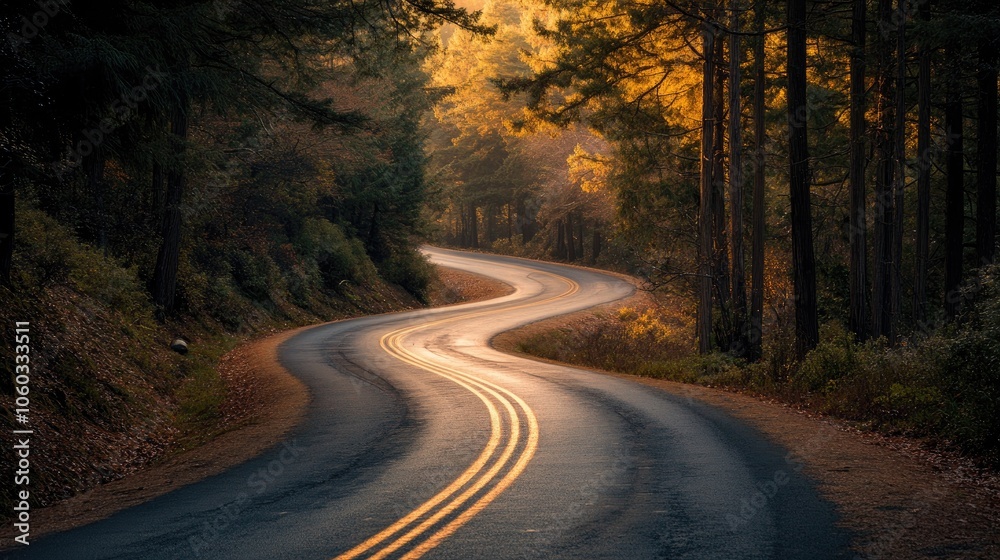 Winding road through forest at sunset creating a scenic drive Winding road through forest at sunset creating a scenic drive