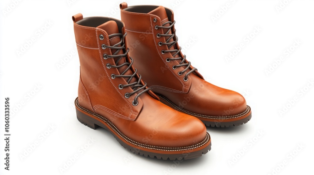 Realistic 3D render of stylish leather boots with finely detailed stitching, presented on a pristine white background. Realistic 3D render of stylish leather boots with finely detailed stitching, presented on a pristine white background.