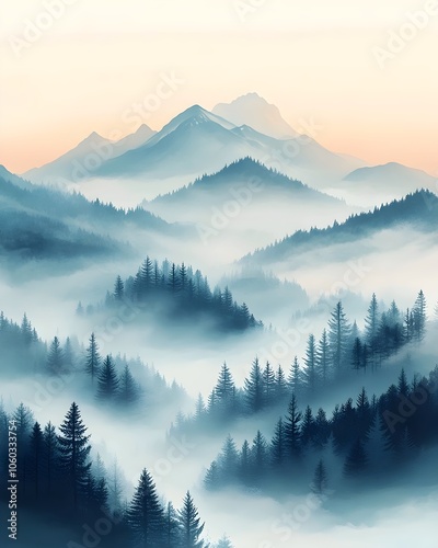 A serene mountain landscape at dawn, featuring misty peaks and dense evergreen forests, creating a tranquil and atmospheric scene filled with soft pastel colors.