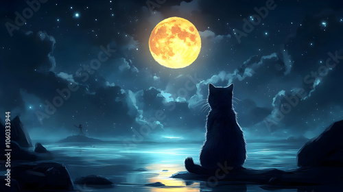 Cat Watching the Full Moon Illustration