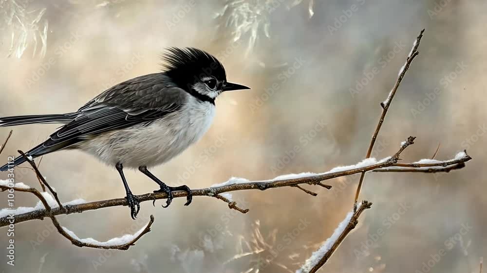 A small black and white bird perches on a snow-covered branch in a wintery forest setting. Seamless looping video background animation. Generated with AI
