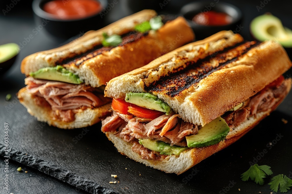 Delicious tortas with pulled pork, avocado, tomato, and cilantro filling Delicious tortas with pulled pork, avocado, tomato, and cilantro filling
