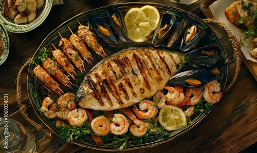 Grilled fish, shrimp, mussels, and lemon on a plate. photo