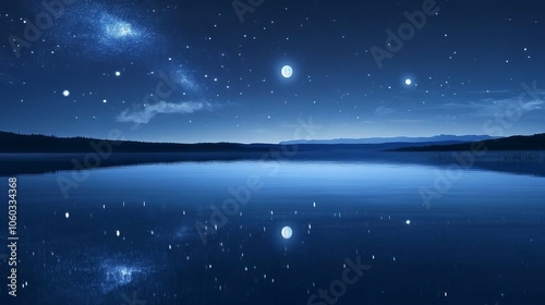 Serene Night Sky Over Still Lake with Stars and Moon Reflection