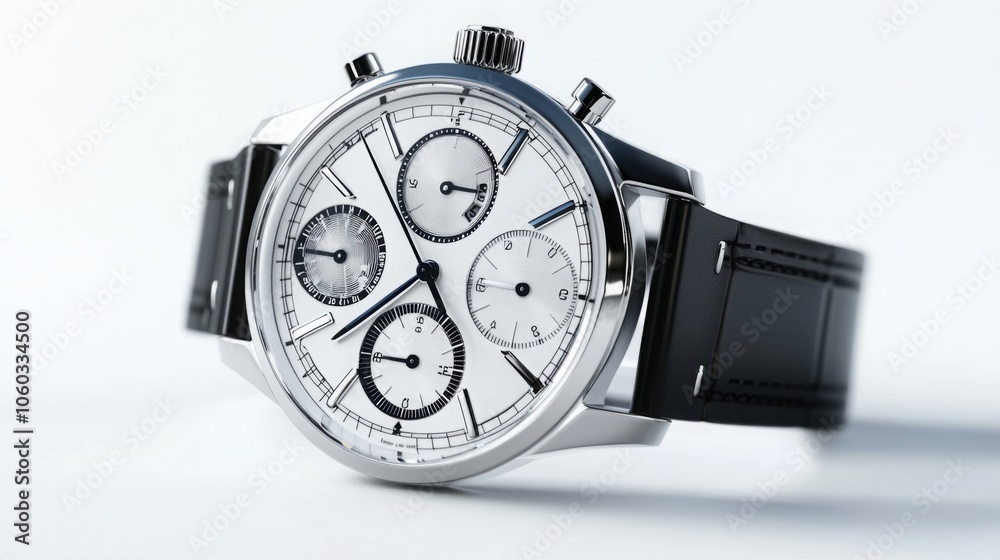 Realistic 3D render of a wristwatch, featuring a detailed and sophisticated watch face. The image is sharp and clear, with the watch set against a pure white background Realistic 3D render of a wristwatch, featuring a detailed and sophisticated watch face. The image is sharp and clear, with the watch set against a pure white background