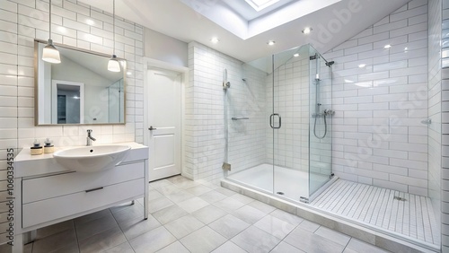 Bathroom with white tiled floor and shower area Wide-Angle