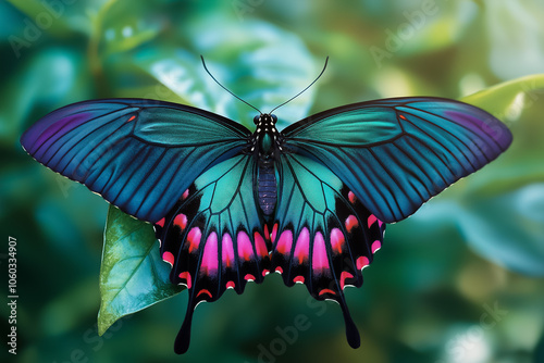 A butterfly displays its vibrant wings while resting on a leaf, bringing color to the tranquil garden surroundings