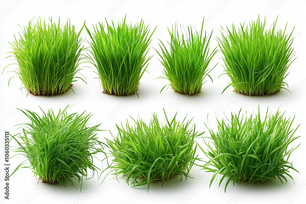 Set of different patterns of natural green grass with white background. Set of different patterns of natural green grass with white background.