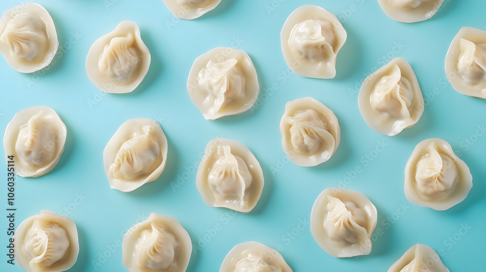 overhead view of Baozi ,asian dumplings, dim sum, ravioli, buuz, pelmeni, pyanse, khinkali or manti isolated on blue background, concept for cooking overhead view of Baozi ,asian dumplings, dim sum, ravioli, buuz, pelmeni, pyanse, khinkali or manti isolated on blue background, concept for cooking