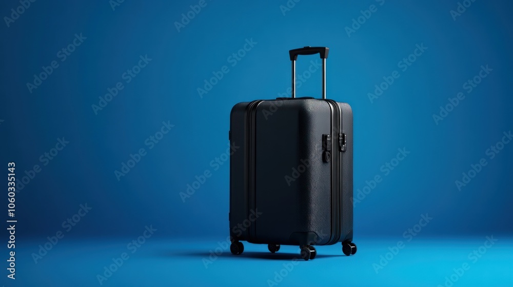 A black suitcase with wheels on a blue background. A black suitcase with wheels on a blue background.