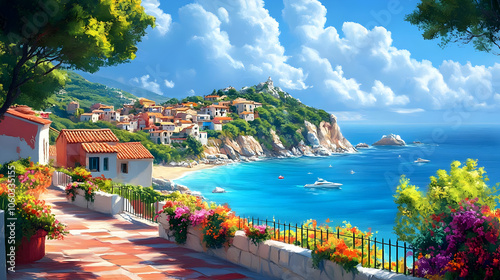 Coastal Town Illustration w...
