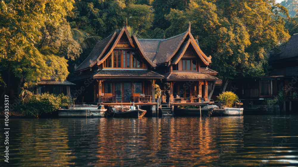 Beautiful traditional Thai houses along river, surrounded by lush greenery, reflecting in water. serene and picturesque scene capturing essence of Thai architecture Beautiful traditional Thai houses along river, surrounded by lush greenery, reflecting in water. serene and picturesque scene capturing essence of Thai architecture