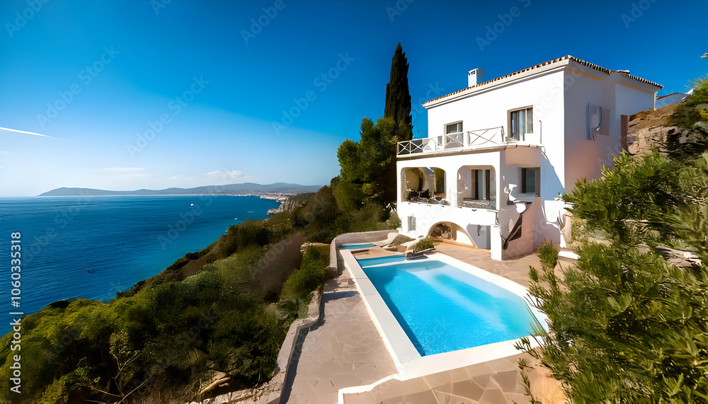 Fototapeta premium Traditional mediterranean white house with pool on hill with stunning sea view. Summer vacat