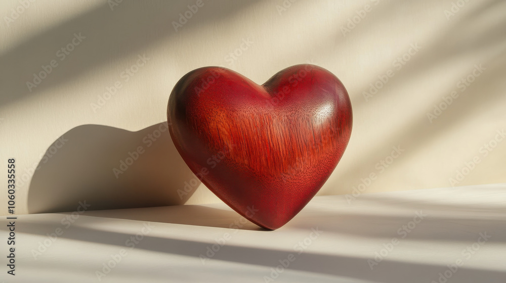 Fototapeta premium beautiful red heart shaped wooden object casting soft shadow