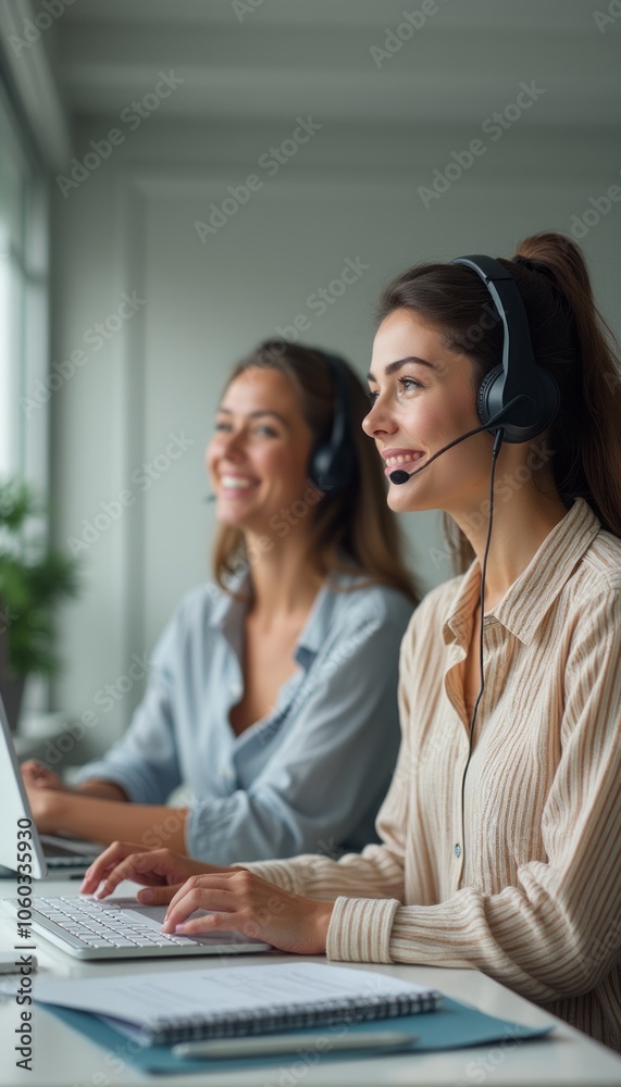 Two friendly customer service representatives wearing headsets, ready to assist clients. Two friendly customer service representatives wearing headsets, ready to assist clients.