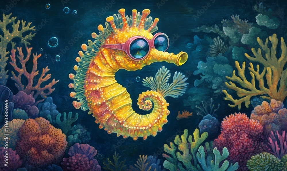 A yellow seahorse wearing goggles swims among coral reefs. A yellow seahorse wearing goggles swims among coral reefs.