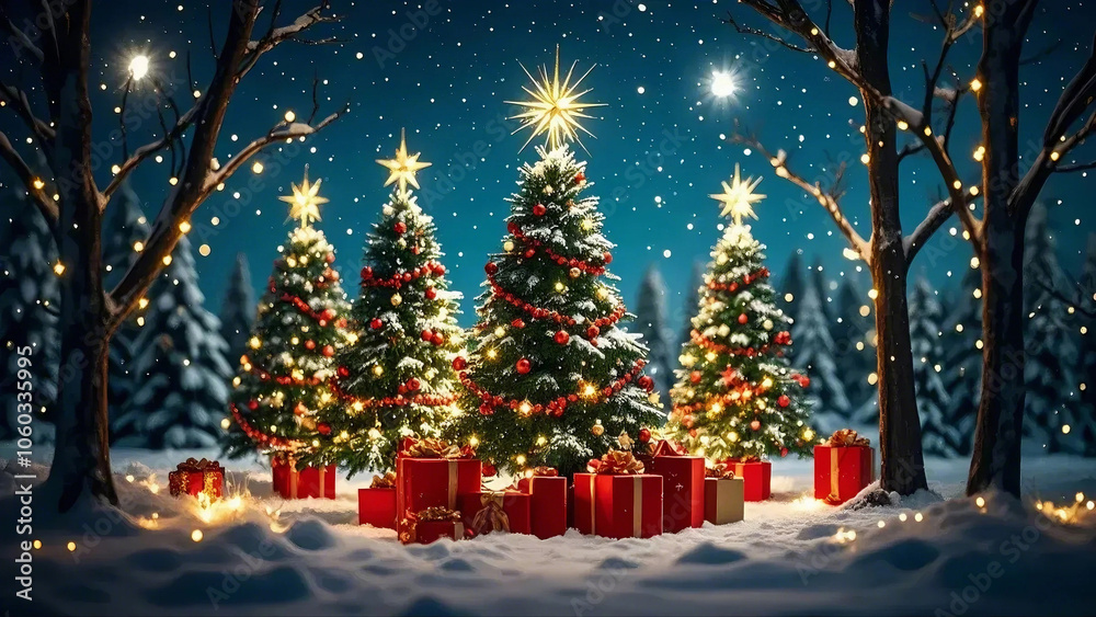 Obraz premium christmas tree with lights christmas snow tree gifts boxs