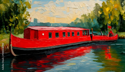 Traditional tole painting of a red canal boat or narrow boat with texture photo