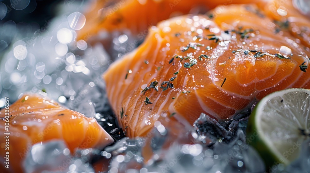 Fresh salmon fillet with spices. Fresh fish chilled in ice. Close-up. Fresh salmon fillet with spices. Fresh fish chilled in ice. Close-up.