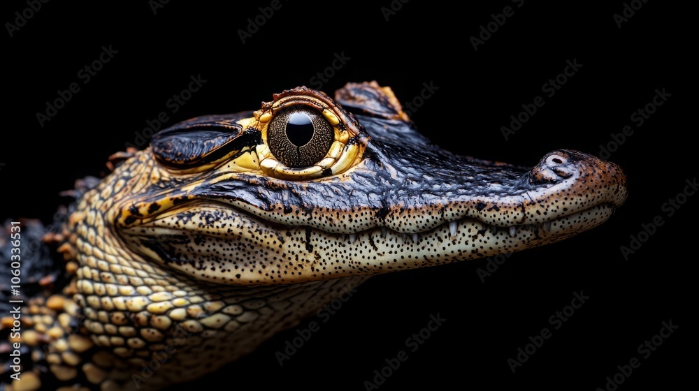 Fototapeta premium Portrait of Caiman over dark background from Ecuador. Caiman cocodrilus