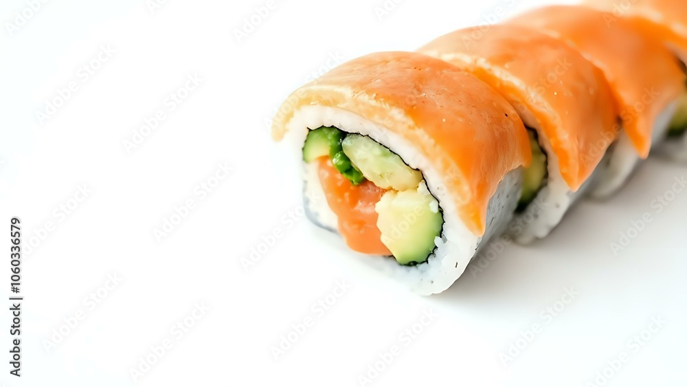 Salmon Avocado Sushi Roll on White Background Salmon Avocado Sushi Roll on White Background