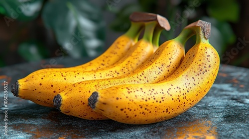 Four ripe yellow bananas with brown spots on a rustic surface. photo