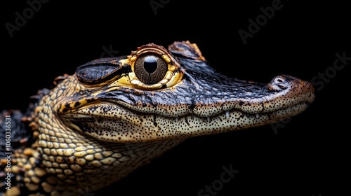 Portrait of Caiman over dark background from Ecuador. Caiman cocodrilus