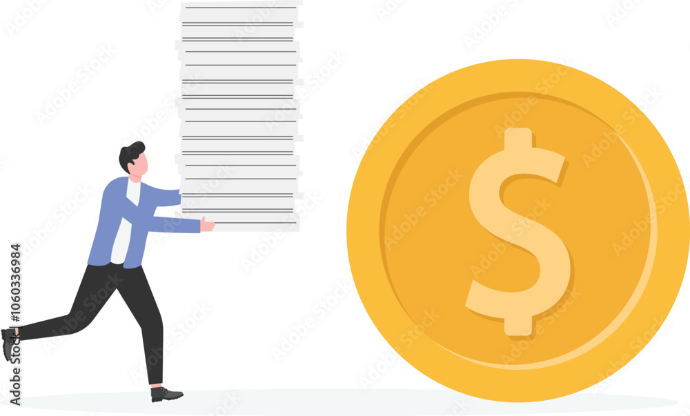 Busy work, make money, Businessman holding a pile of documents chasing rolling gold coin
Busy work, make money, Businessman holding a pile of documents chasing rolling gold coin