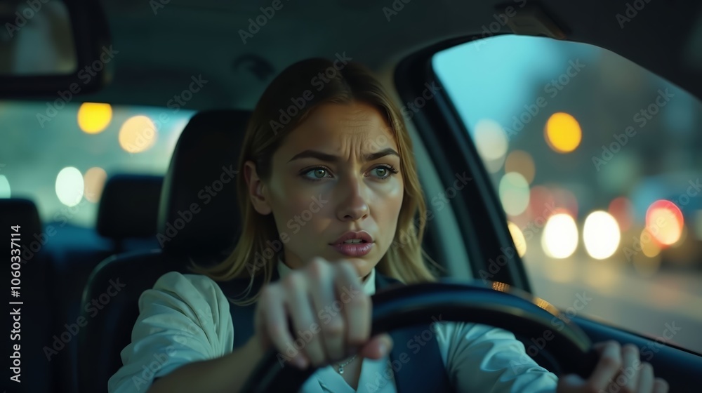 Obraz premium Stressed Young Office Woman Facing Traffic Congestion During Commute