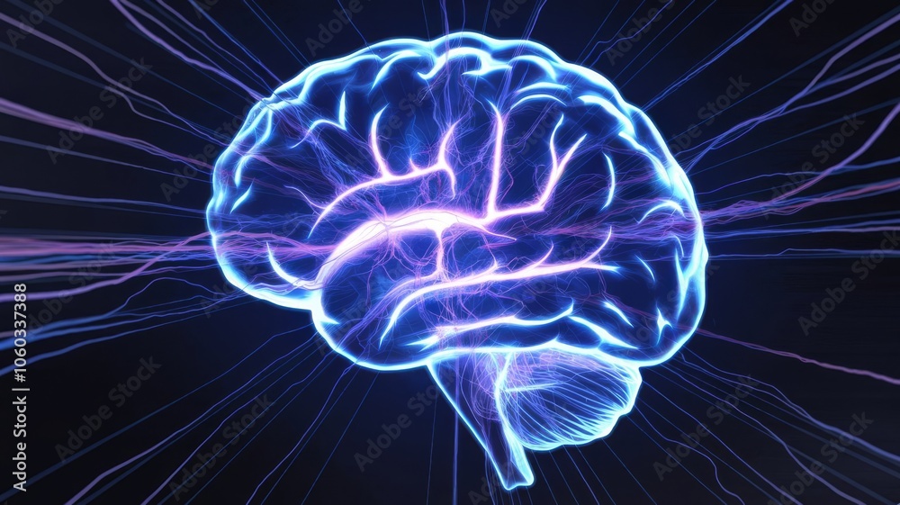 Neon blue brain illustration with energetic lines on dark background representing brain activity Neon blue brain illustration with energetic lines on dark background representing brain activity