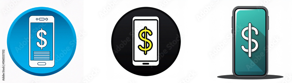 Three stylized mobile phone icons with dollar signs on their screens. Three stylized mobile phone icons with dollar signs on their screens.