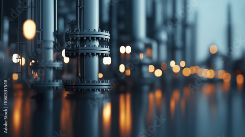 Industrial oil refinery scene with glowing lights and metallic structures, creating futuristic atmosphere. focus is on intricate details of machinery against blurred background