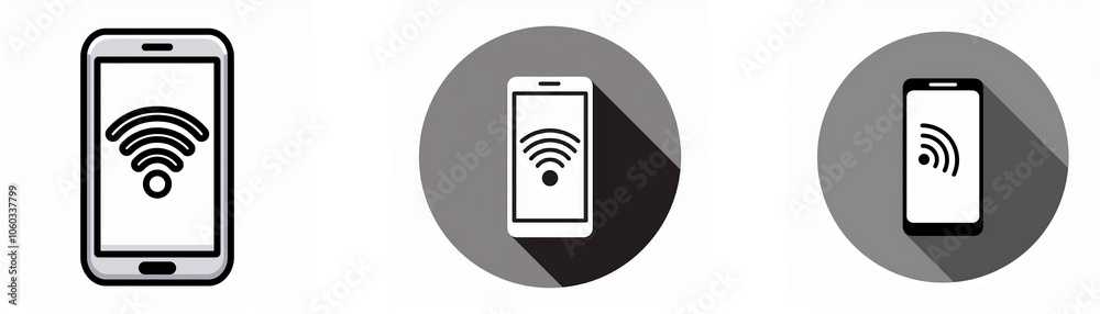 Three representations of a smartphone with a wifi signal icon on the screen. Three representations of a smartphone with a wifi signal icon on the screen.
