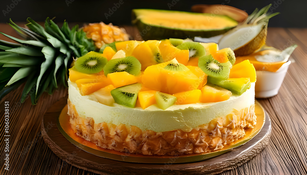 Tropical Fruit Cake- Create a vibrant cake topped with tropical fruits like pineapple, mango Tropical Fruit Cake- Create a vibrant cake topped with tropical fruits like pineapple, mango