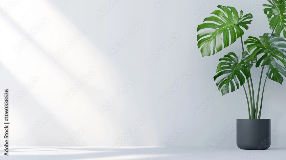 A large, green tropical plant sits in a grey pot against a white wall, with sunlight streaming in from a window. A large, green tropical plant sits in a grey pot against a white wall, with sunlight streaming in from a window.