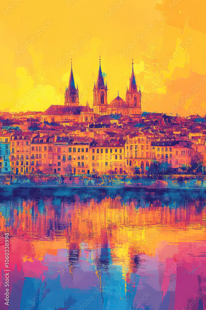 Obraz premium Bordeaux, France, Pop Art style theme print. Cityscape, city skyline.Vibrant, bright, modern, trendy, graphic designed for poster, card, wallpaper