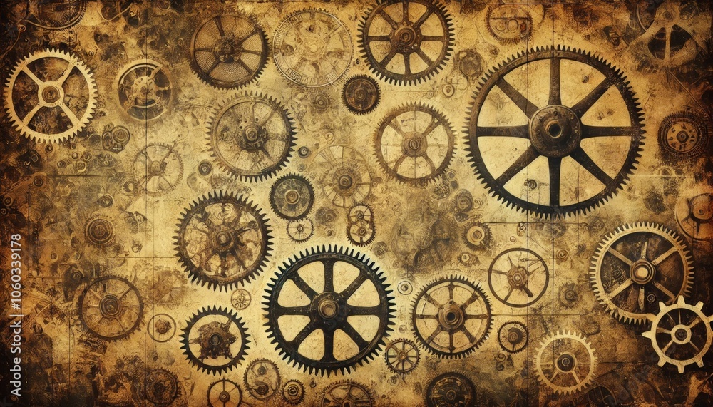 Pattern of various steampunk gears on a faded parchment-like background, creating a vintage and rustic aesthetic. Pattern of various steampunk gears on a faded parchment-like background, creating a vintage and rustic aesthetic.