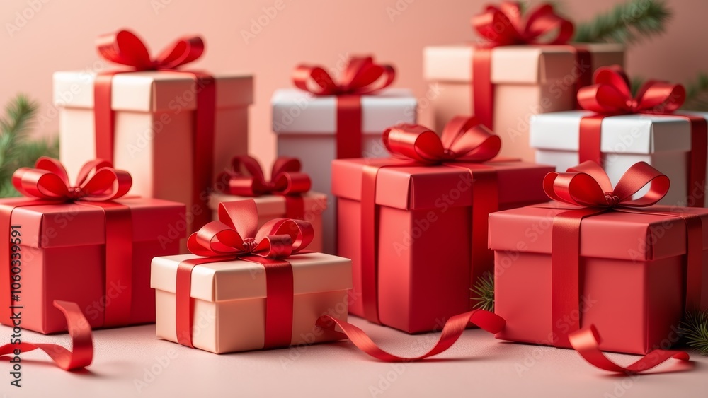 Fototapeta premium Festive Gift Boxes Wrapped in Red and White Ribbons Arranged Beautifully on a Soft Pink Background for a Cheerful Celebration