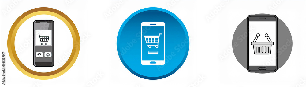 Three round buttons with a smartphone inside each. The smartphone screens show an online shopping cart and a basket. Three round buttons with a smartphone inside each. The smartphone screens show an online shopping cart and a basket.