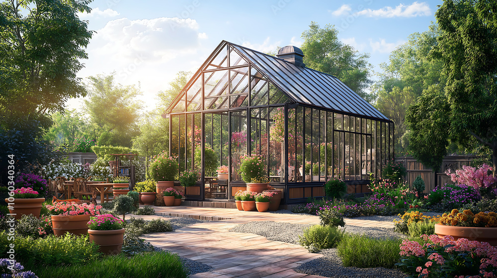Beautiful greenhouse glass house in the garden yard near the villa. There are lots of pots with blooming blossom colorful flowers Beautiful greenhouse glass house in the garden yard near the villa. There are lots of pots with blooming blossom colorful flowers