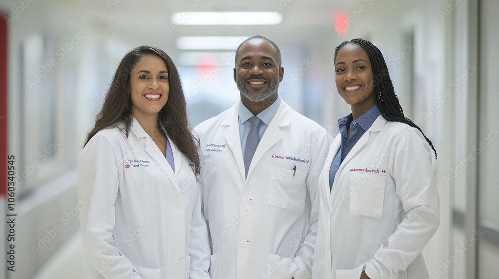 Three Medical Professionals Smiling In Hospital Hallway