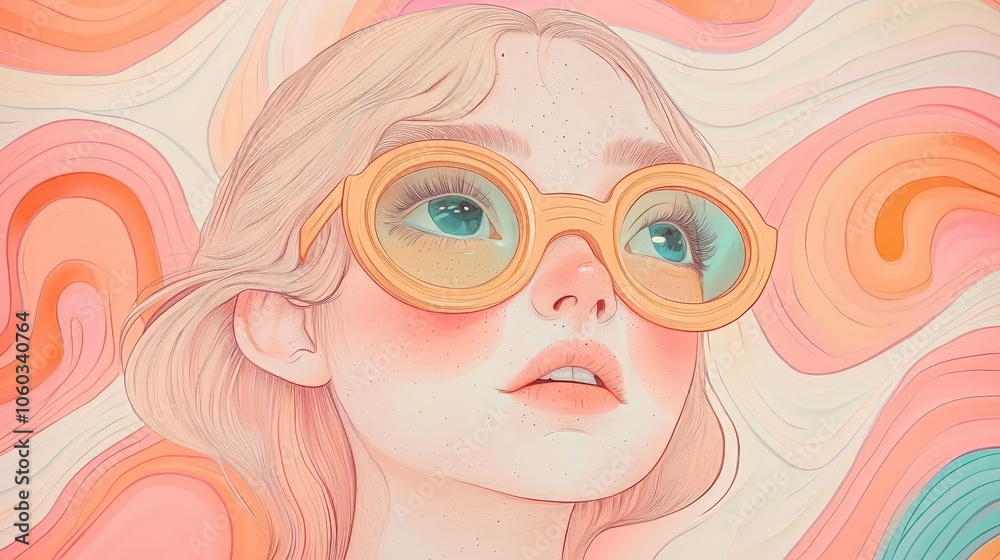 Vibrant pastel portrait of girl with oversized glasses and abstract background Vibrant pastel portrait of girl with oversized glasses and abstract background