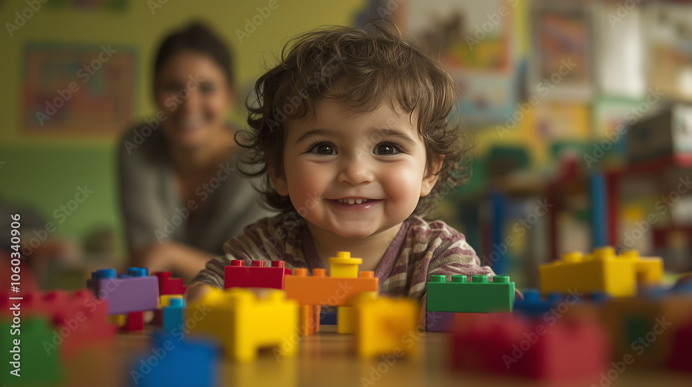 Curly-Haired Toddler Smiling While Playing With Blocks In A Cozy Playroom Curly-Haired Toddler Smiling While Playing With Blocks In A Cozy Playroom